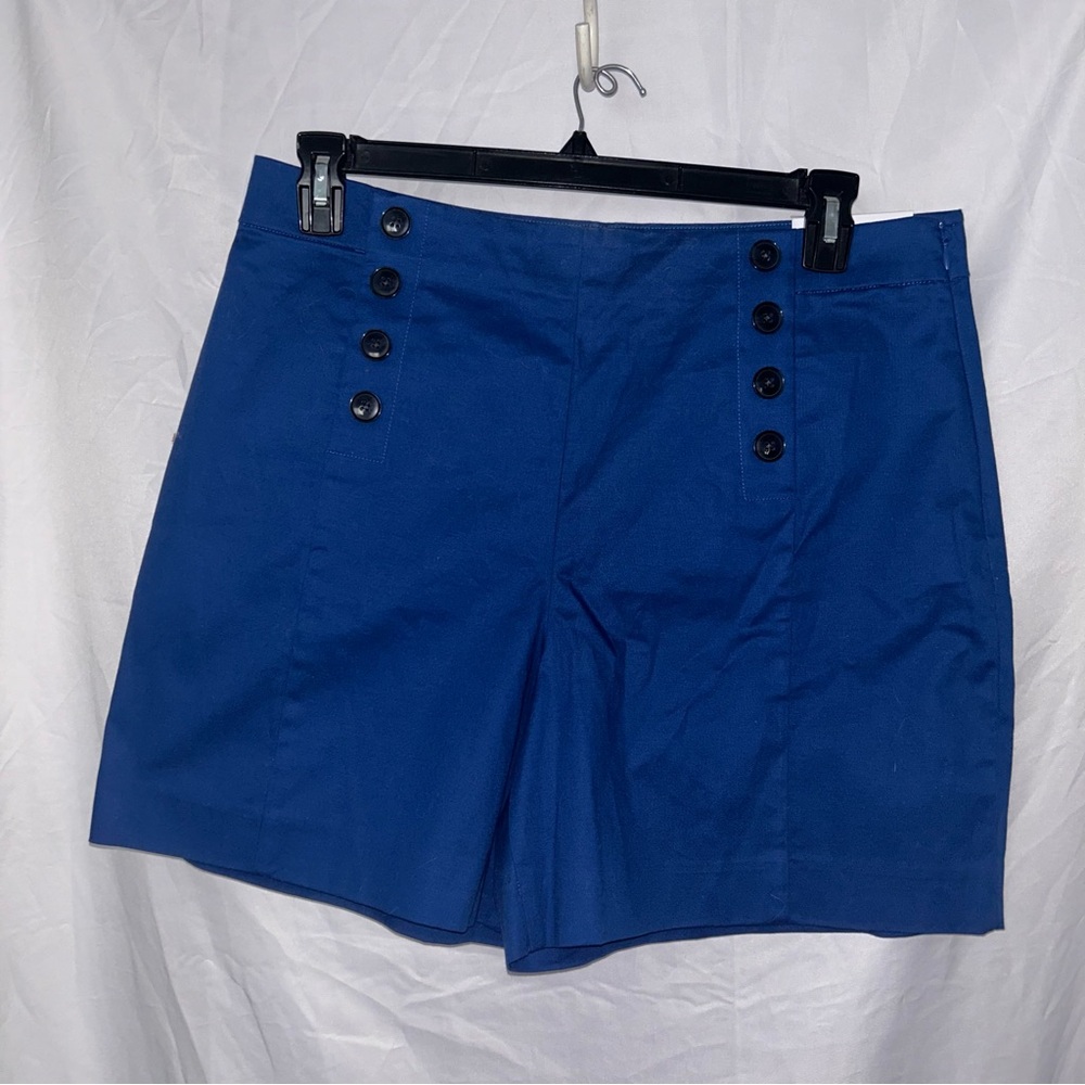 Ann Taylor Shorts 6 inch Sailor Short High Rise Faux Button Flat Front 14 Blue